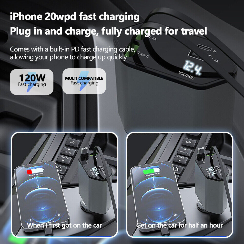 Simotech Retractable Car Charger 120W USB&Type C Cable For Phone Fast Charge Adapter