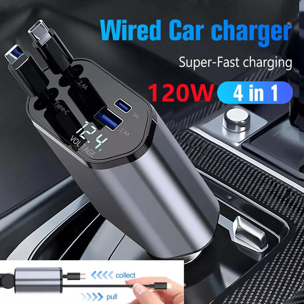 Simotech Retractable Car Charger 120W USB&Type C Cable For Phone Fast Charge Adapter